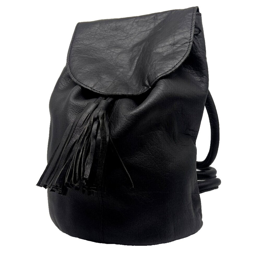 NEW! Black Genuine Leather Tassel Bag Backpack Purse 9" w x 5½" d x 12½" h